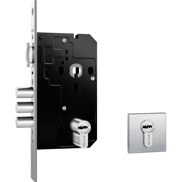 Fechadura Fortinox 4200 Trinco Rolete 3 Pinos AISI 304 81mm Ros. Quadrada Ext. Inox Escovado