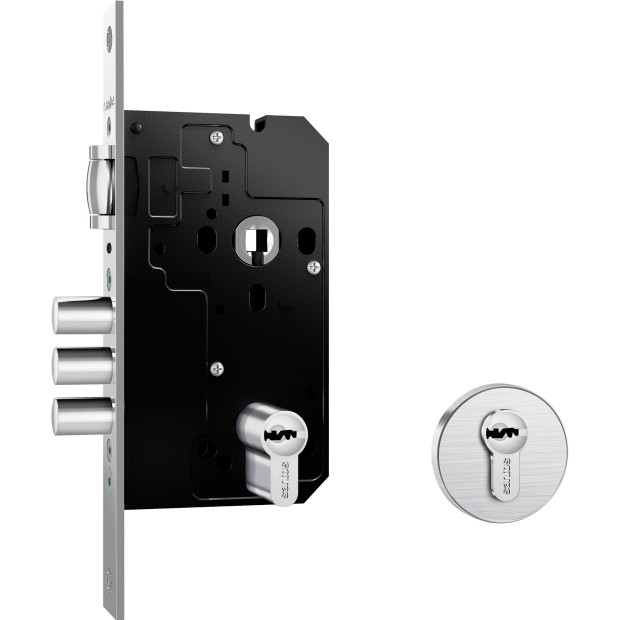 Fechadura Fortinox 4100 Trinco Rolete 3 Pinos AISI 304 61mm Ros. Redonda Ext. Inox Escovado