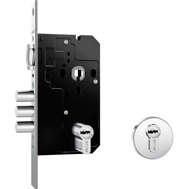 Fechadura Fortinox 4100 Trinco Rolete 3 Pinos AISI 304 81mm Ros. Redonda Ext. Inox Polido