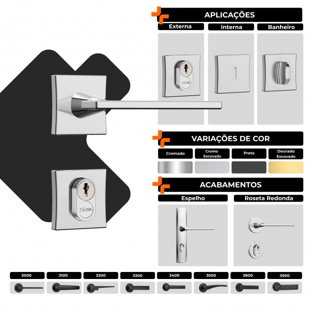 Fechadura Classic 55 3000 Roseta Quadrada Interna Black Fosco