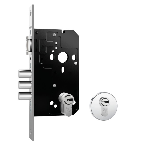 Fechadura Fortinox Ultra 4100 Trinco Rolete 3 Pinos AISI 304 Cilindro HS 62mm Ros. Redonda Ext. Inox