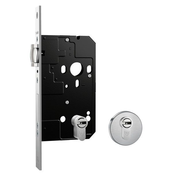 Fechadura Fortinox Ultra 4100 Trinco Rolete AISI 304 Cilindro HS 62mm Ros. Redonda Ext. Inox Escovad