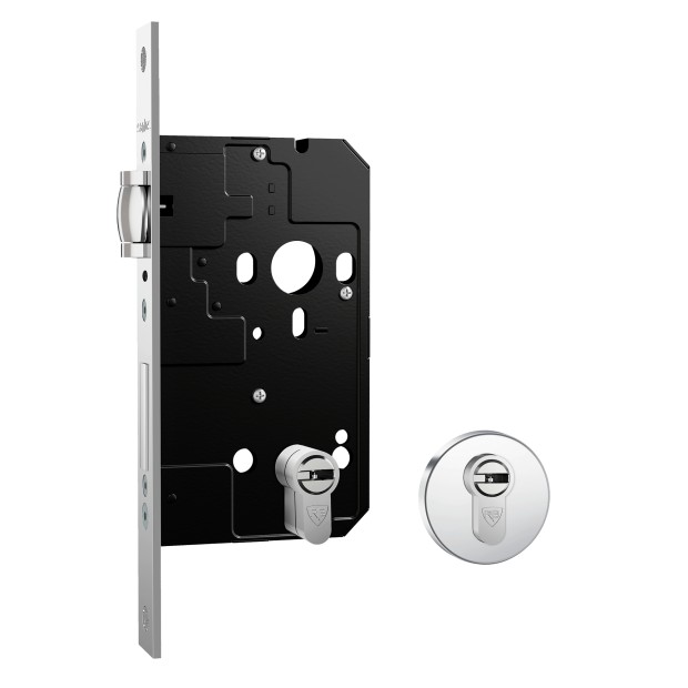 Fechadura Fortinox Ultra 4100 Trinco Rolete AISI 304 Cilindro HS 80mm Ros. Redonda Ext. Inox Polido