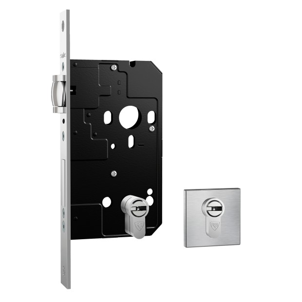 Fechadura Fortinox Ultra 4200 Trinco Rolete AISI 304 Cilindro HS 62mm Ros. Quadrada Ext. Inox Escova