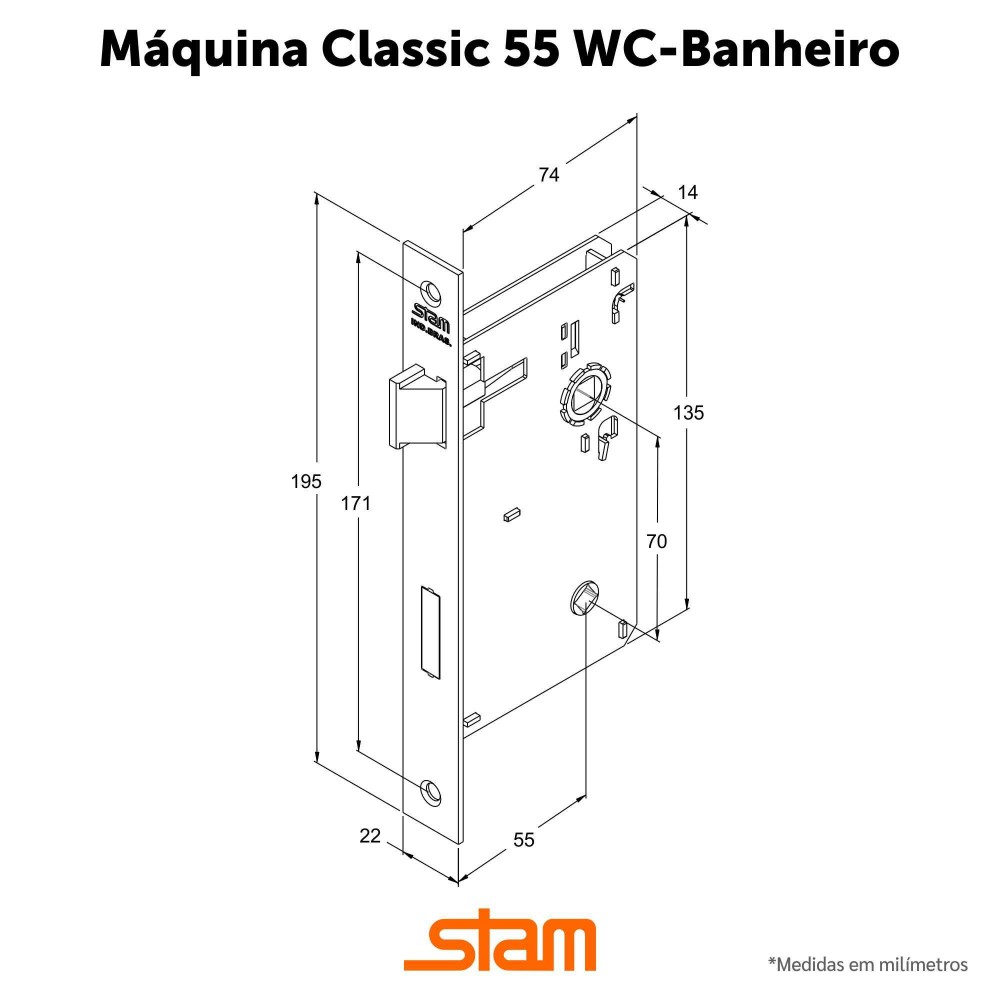 Fechadura ix290 Broca 55 mm Roseta Quadrada 2 Inox Excovado